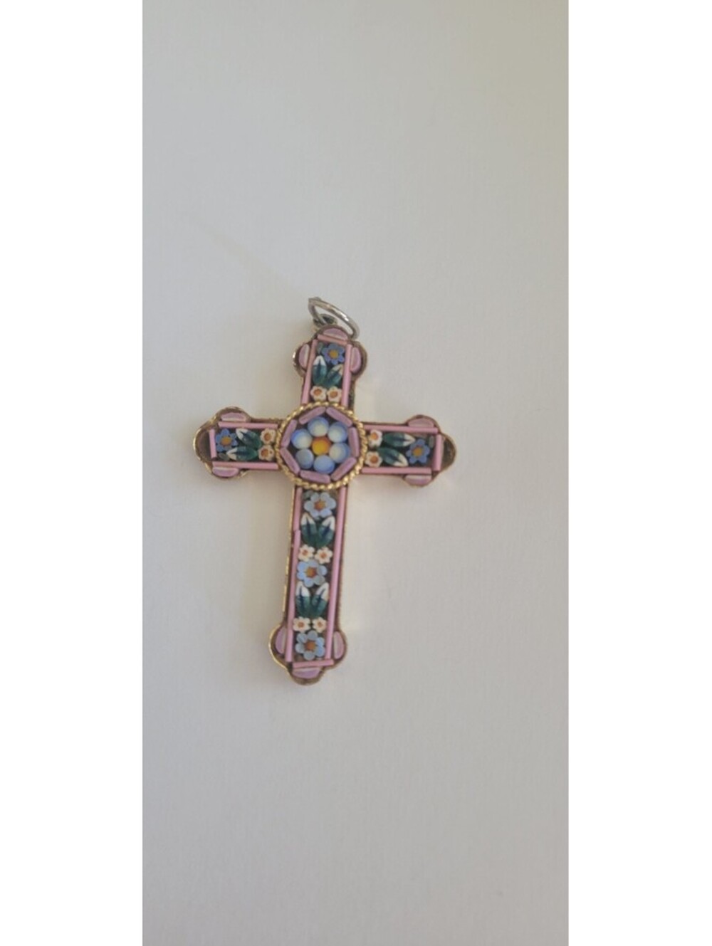 Italian Silver-tone crucifix with micro-mosaic inlay